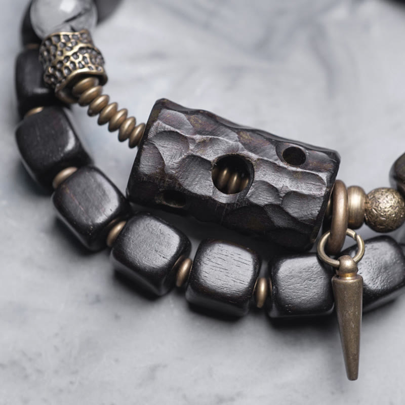 Buddhist Blessing Ebony Wood Black Rutilated Quartz Copper Brass Double Wrap Balance Bracelet