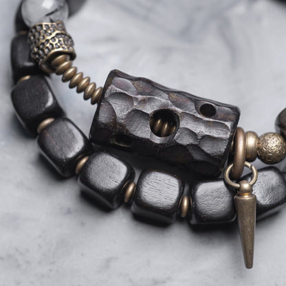 Buddhist Blessing Ebony Wood Black Rutilated Quartz Copper Brass Double Wrap Balance Bracelet