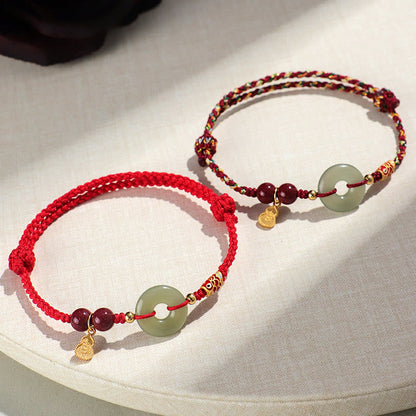 Buddhist Blessing Red String Black String Hetian Jade Peace Buckle Cinnabar 925 Silver Protection Bracelet