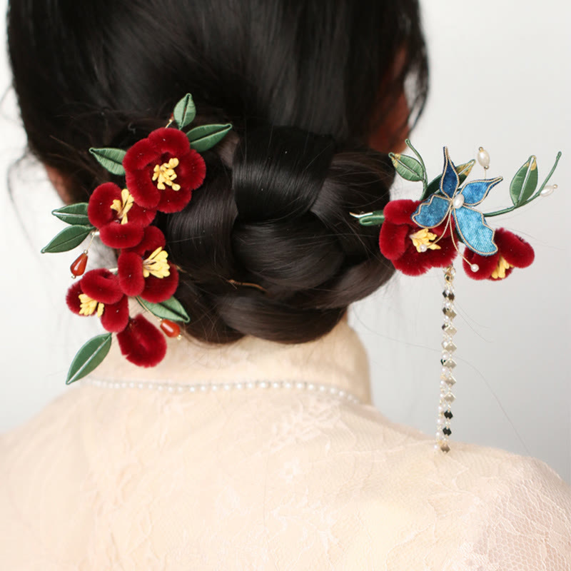 Buddhist Blessing Classical Chinese Style Red Flower Blue Butterfly Hairpin Hair Clip Hair Comb Barrette