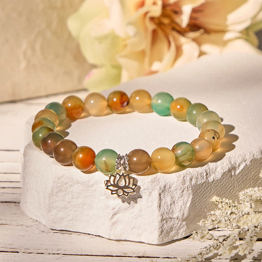 Buddhist Blessing 925 Sterling Silver Lotus Symbol Peacock Agate Courage Beads Bracelet