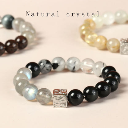 Buddhist Blessing Black Obsidian Black Rutilated Quartz Moonstone Cube Strength Bracelet