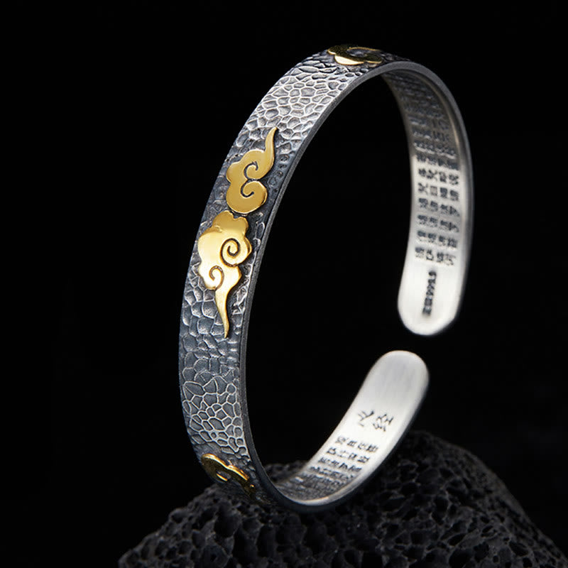 Buddhist Blessing Retro 999 Sterling Silver Heart Sutra Auspicious Cloud Wealth Cuff Bracelet Bangle