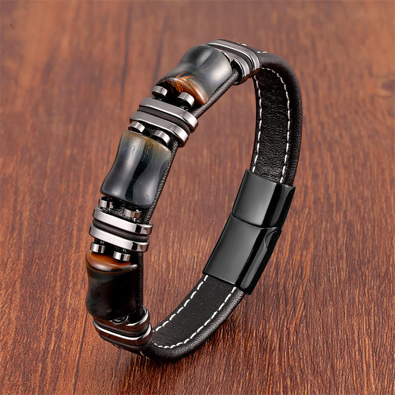 Buddhist Blessing Tiger Eye Three Bamboo Stone Protection Power Leather Bracelet