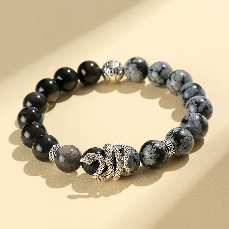 Buddhist Blessing Natural Silver Sheen Obsidian White Turquoise Grey Jasper Snowflake Obsidian Year Of The Snake Protection Bracelet