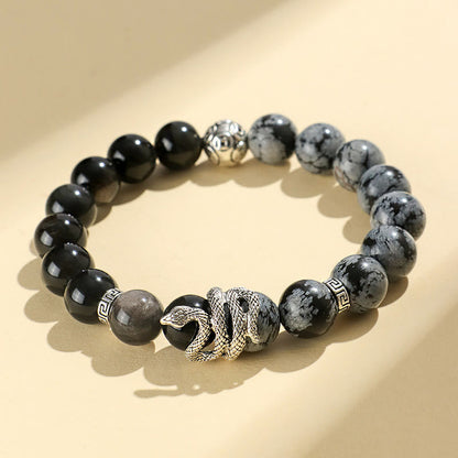 Buddhist Blessing Natural Silver Sheen Obsidian White Turquoise Grey Jasper Snowflake Obsidian Year Of The Snake Protection Bracelet