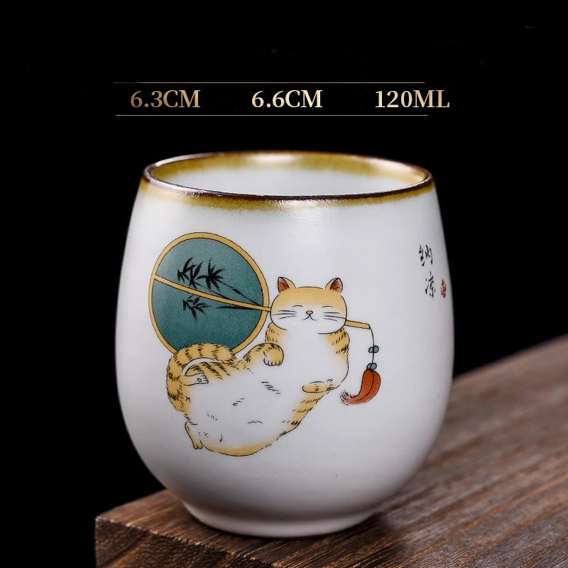 Buddhist Blessing Cute Lying Cat Branches Teacup Kung Fu Tea Cup With Gift Box