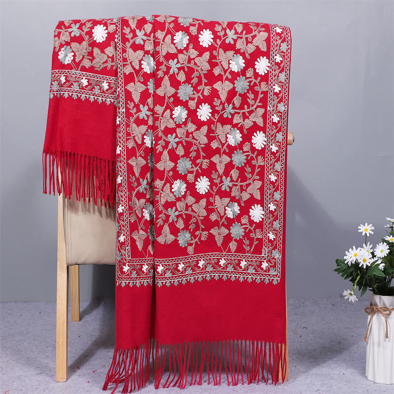 Buddhist Blessing Polyester Shawl Cashew Flowers Embroidery Tassel Winter Cozy Travel Scarf Wrap