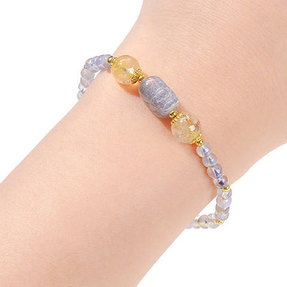 Buddhist Blessing Moonstone Strawberry Quartz Tourmaline PiXiu Healing Bracelet