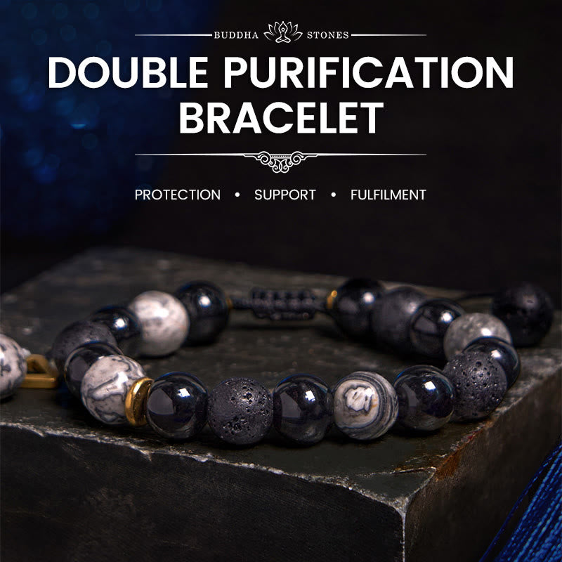 Buddhist Blessing Black Obsidian Lava Rock Stone Yin Yang Strength Bracelet