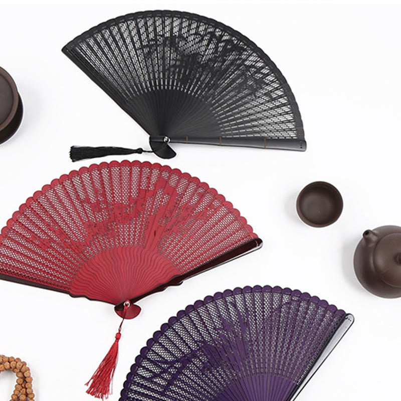 Buddhist Blessing Retro Bamboo Hollow Engraving Handheld Bamboo Folding Fan