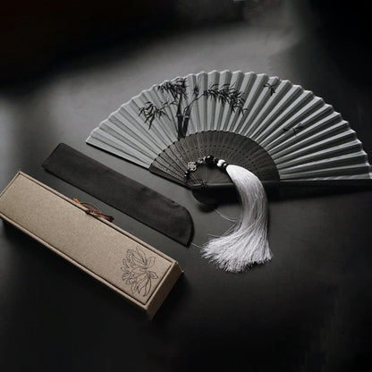 Buddhist Blessing Ink Bamboo Polyester Handheld Bamboo Folding Fan