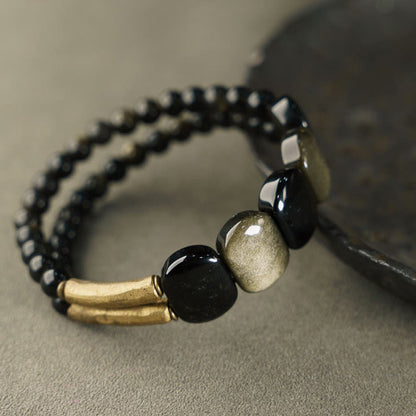 Buddhist Blessing Black Obsidian Gold Sheen Obsidian Strengthen Bracelet