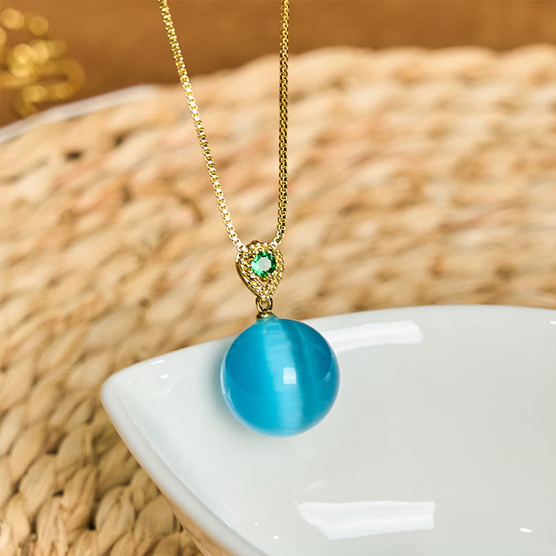 Buddhist Blessing Cat's Eye Round Ball Confidence Necklace Pendant