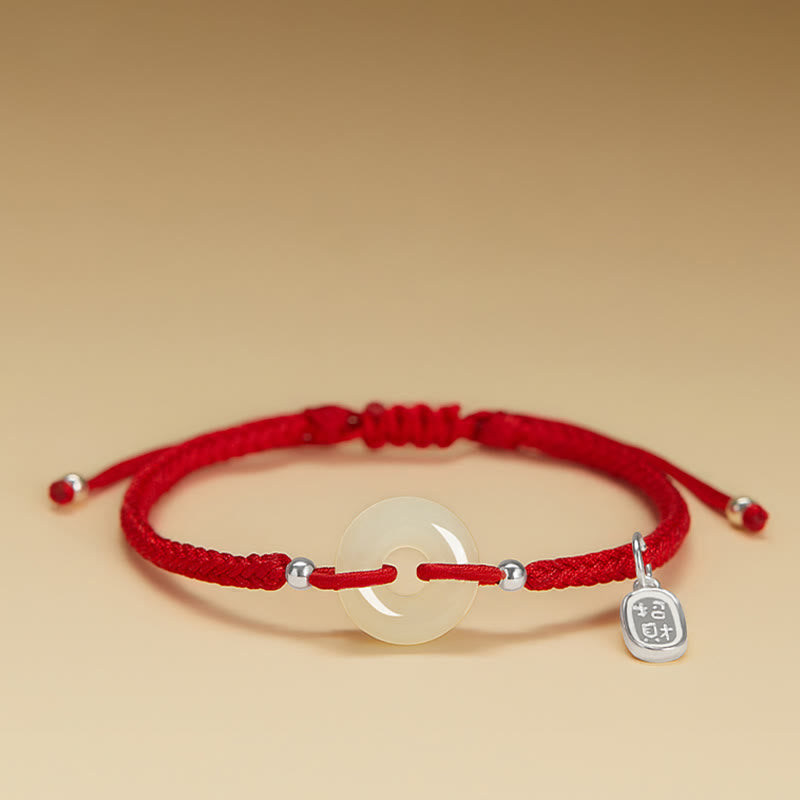 Buddhist Blessing Natural Hetian Jade Peace Buckle Fu Character Protection Luck Braided Bracelet