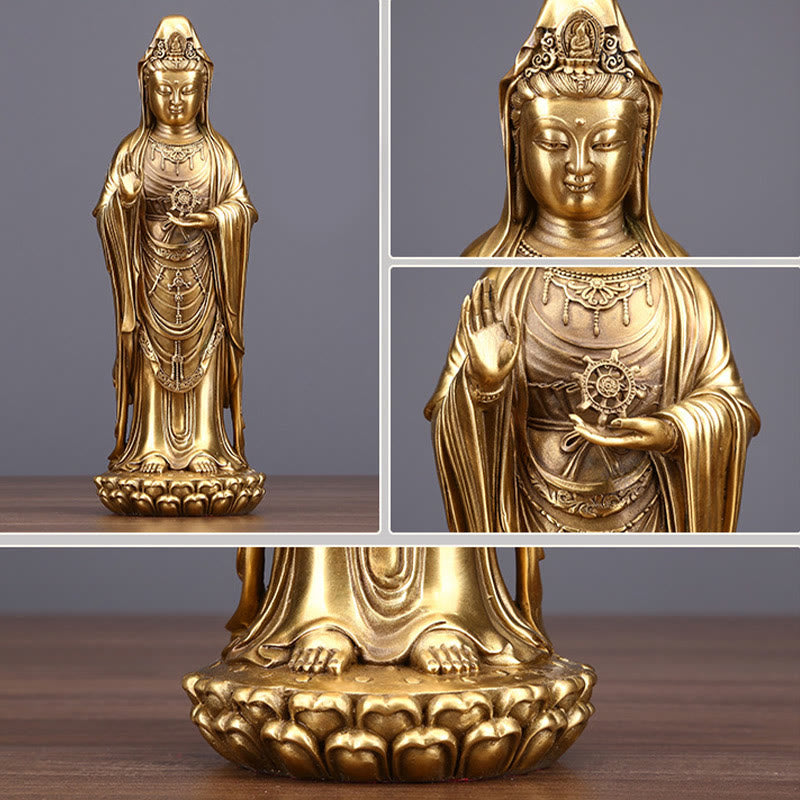 Buddhist Blessing Kwan Yin Avalokitesvara Holding The Dharma Wheel Wealth Brass Copper Statue Decoration