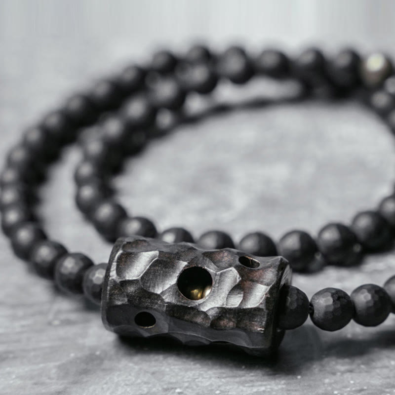 Buddhist Blessing Frosted Cut Surface Black Onyx Ebony Double Wrap Protection Bracelet