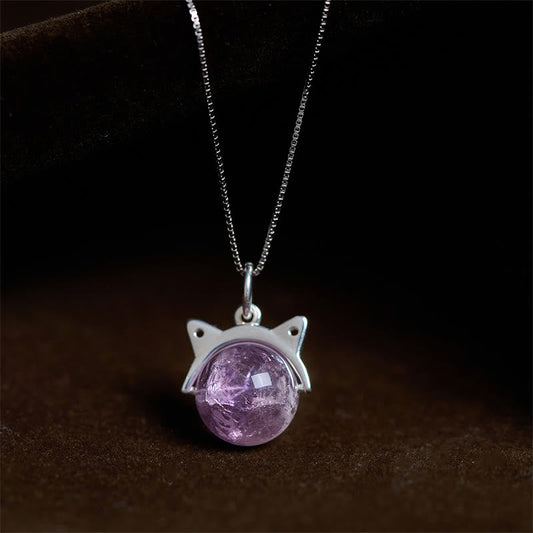 Buddhist Blessing 925 Sterling Silver Natural Rainbow Amethyst Cat Positive Necklace Pendant