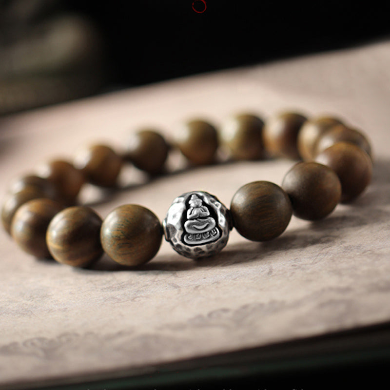 Buddhist Blessing 999 Sterling Silver Green Sandalwood Small Leaf Red Sandalwood Buddha Cure Bracelet