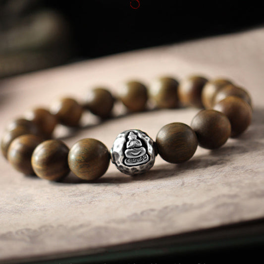 Buddhist Blessing 999 Sterling Silver Green Sandalwood Small Leaf Red Sandalwood Buddha Cure Bracelet