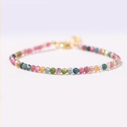 Buddhist Blessing 2mm Multicolor Tourmaline Ultra-thin Beads 14k Gold Plated Copper Wisdom Bracelet