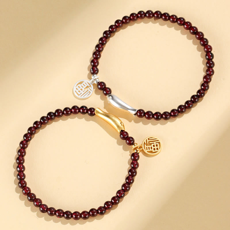 Buddhist Blessing Garnet 925 Sterling Silver Fish Fu Character Purification Bracelet