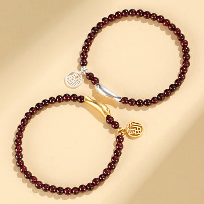 Buddhist Blessing Garnet 925 Sterling Silver Fish Fu Character Purification Bracelet