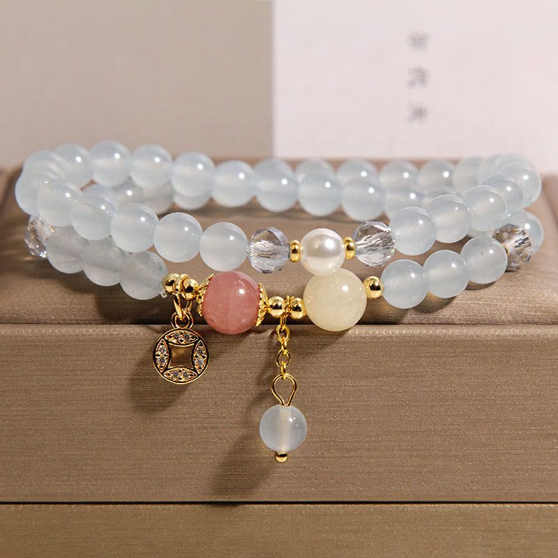 Buddhist Blessing Tourmaline Purple Jade Aquamarine Jade Copper Coin Positive Double Wrap Bracelet
