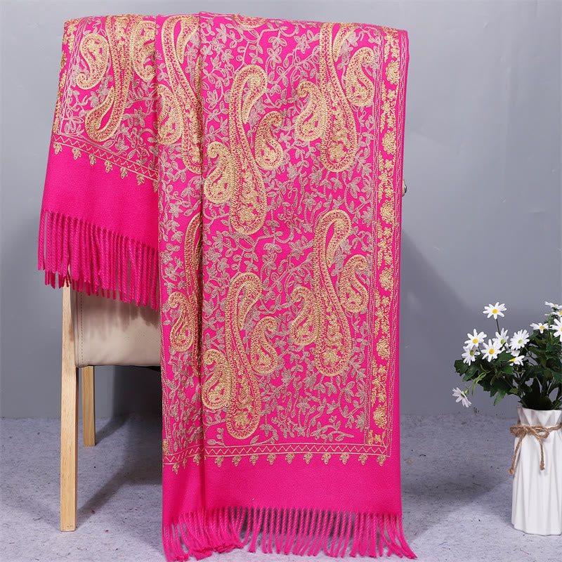 Buddhist Blessing Rayon Fabric Shawl Golden Cashew Flowers Embroidery Tassel Winter Cozy Travel Scarf Wrap