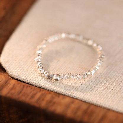 Buddhist Blessing 925 Sterling Silver Natural Small Hetian Jade Bead Luck Elastic Ring