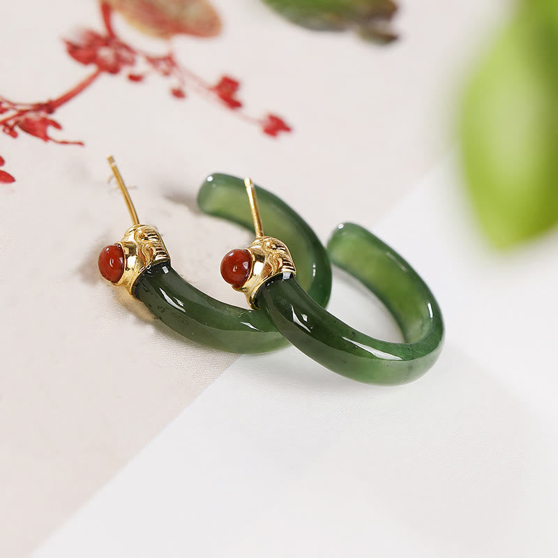 Buddhist Blessing 925 Sterling Silver Hetian Jade Prosperity Curved Earrings