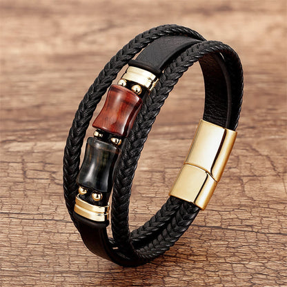 Buddhist Blessing Tiger Eye Bamboo Stone Integrity Courage Multi-layer Leather Bracelet