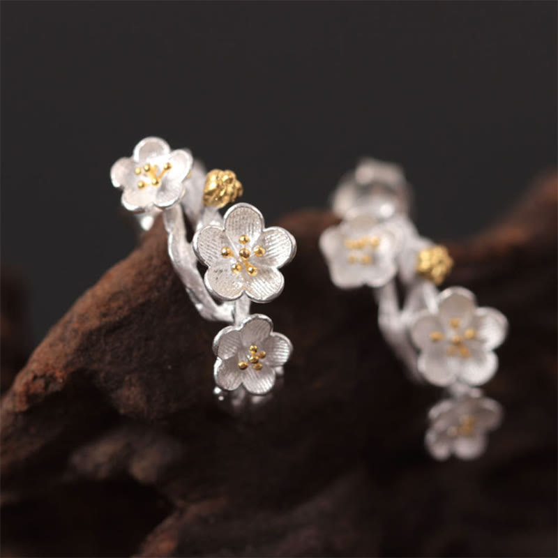 Buddhist Blessing 925 Sterling Silver Plum Blossom Floral Blessing Earrings