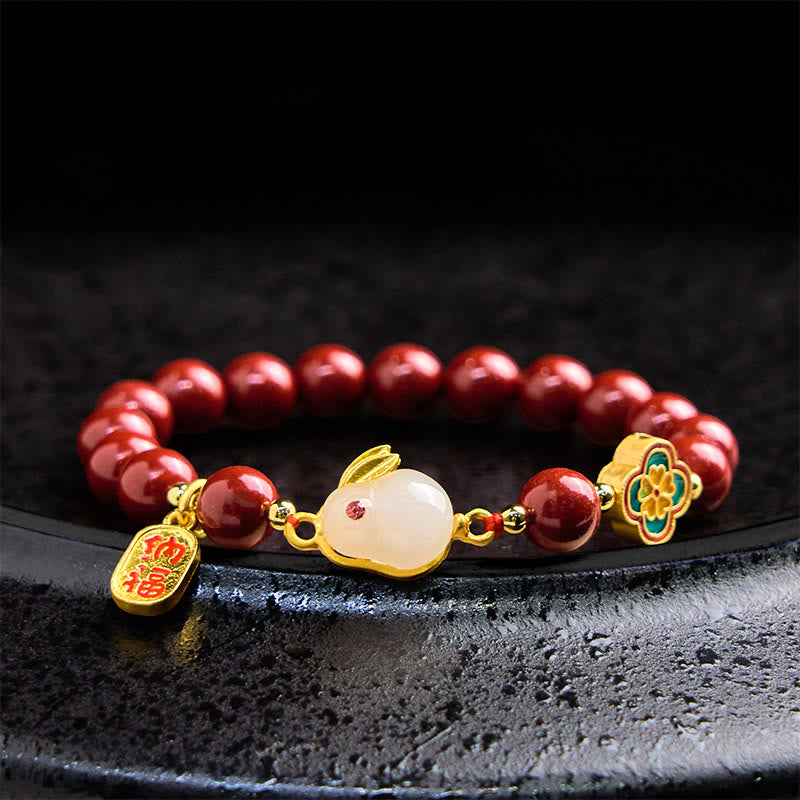 Buddhist Blessing Cinnabar Cute Rabbit Bunny Fu Character Calm Bracelet