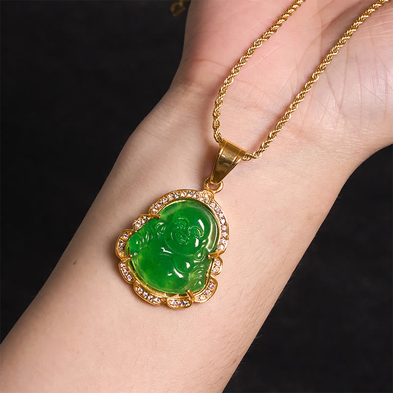 Buddhist Blessing 18K Gold Filled Laughing Buddhist Blessing Jade Luck Necklace Chain Pendant