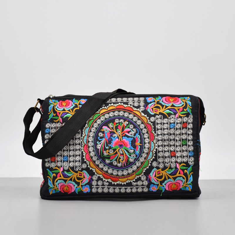 Buddhist Blessing Galsang Inula Flower Peony Peacock Double-Sided Embroidery Canvas Shopping Purse Handbag Crossbody Bag