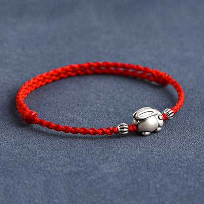 Buddhist Blessing Handmade 999 Sterling Silver Rabbit Luck Rope Bracelet Anklet