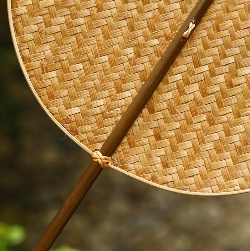 Buddhist Blessing Chinese Style Handmade Bamboo Woven Oval Round Banana Conical Shape Long Handle Fan