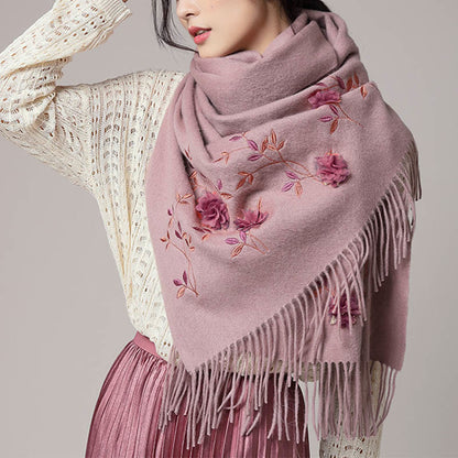 Buddhist Blessing Wool Shawl 3D Floral Embroidery Tassel Winter Cozy Travel Scarf Wrap