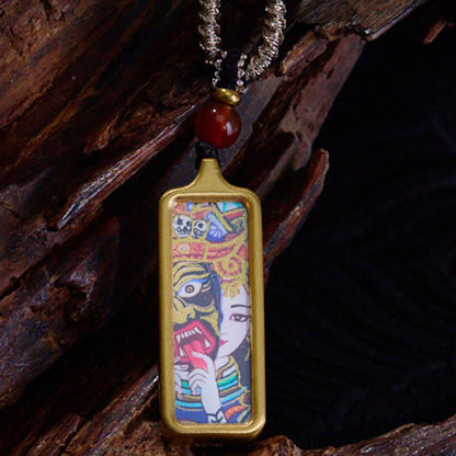 Buddhist Blessing Tibet Zakiram Yellow God of Wealth Nine Tailed Fox Hand-Painted Thangka Calm Necklace Pendant