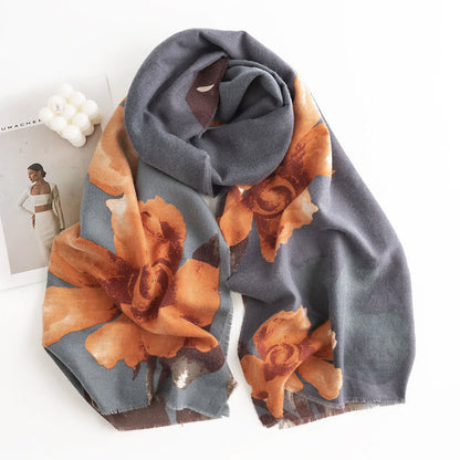 Buddhist Blessing Tibetan Shawl Artistic Style Hibiscus Syriacus Print Fall Winter Cozy Warm Scarf Wrap