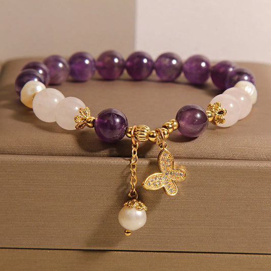 Buddhist Blessing Natural Amethyst Pearl Crystal Spiritual Healing Butterfly Charm Bracelet