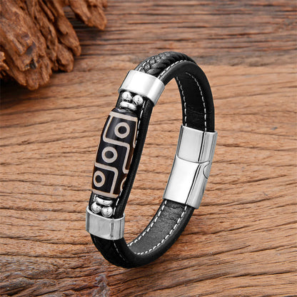 Buddhist Blessing Tibetan Nine-Eye Dzi Bead Wealth Leather Buckle Bracelet