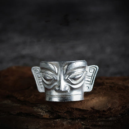 Buddhist Blessing 999 Sterling Silver Hand Casting Sanxingdui Mask Protection Ring