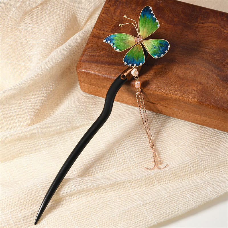 Buddhist Blessing Intangible Cultural Heritage Craft Ebony Wood Silk Flower Butterfly Pearl Blessing Hairpin