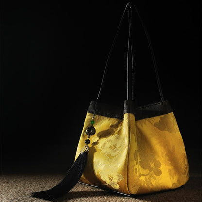 Buddhist Blessing Retro Flower Butterfly Bird Embroidery Bead Tassel Mulberry Silk Jacquard Xiangyunsha Silk Shoulder Bag Hangbags