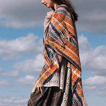 Buddhist Blessing Tibetan Colorful Stripe Geometry Tassels Shawl Fall Winter Soft Scarf Wrap