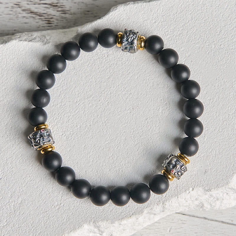 Buddhist Blessing Natural Frosted Black Onyx Buddha Face Protection Bracelet