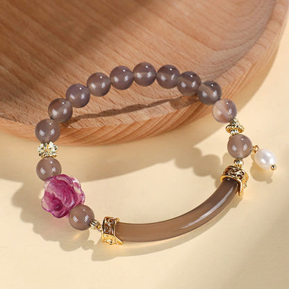 Buddhist Blessing Strawberry Quartz Labradorite Fluorite Pearl Cuff Half Bracelet Bangle