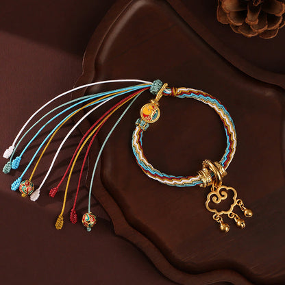 Buddhist Blessing Handmade Dunhuang Color Deer Auspicious Cloud Peace Lock Bell Healing Reincarnation Knot Bracelet